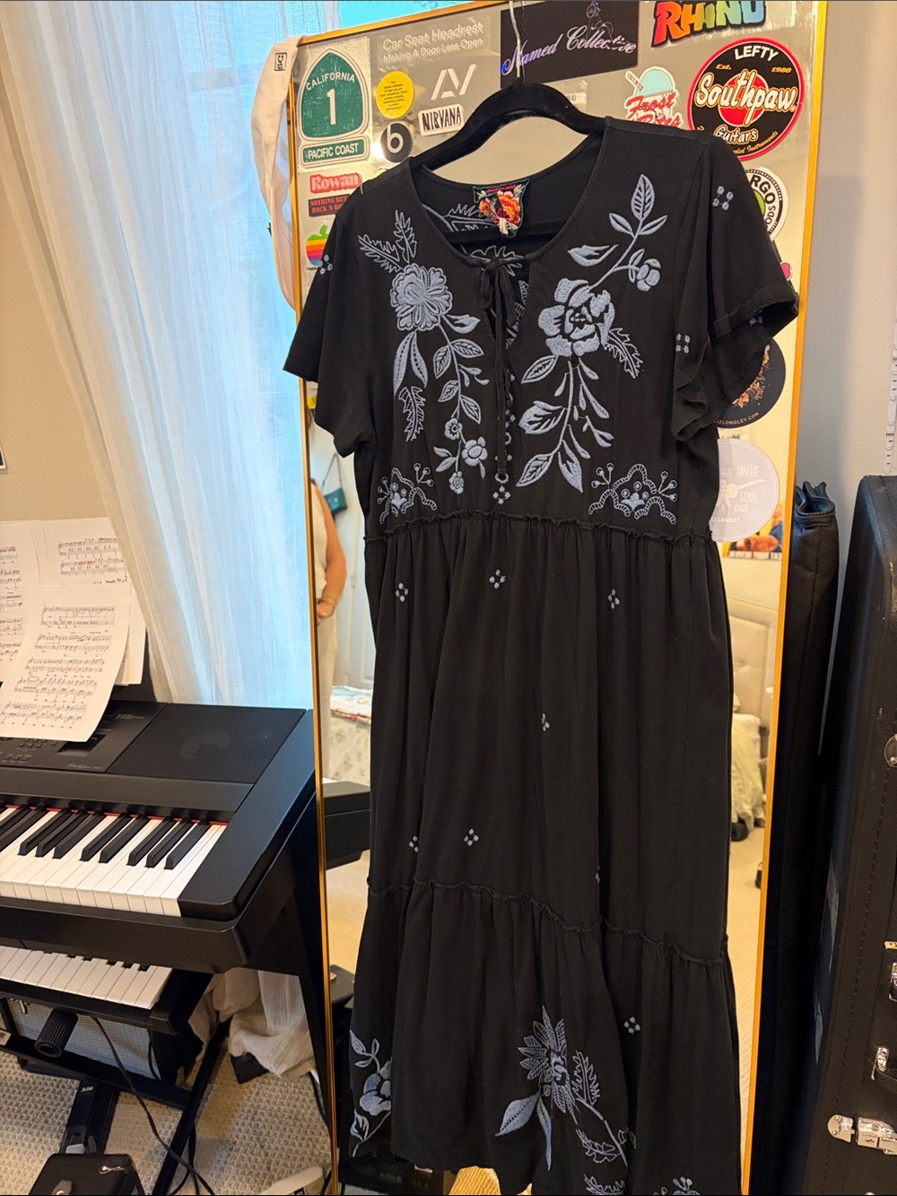 Johnny Was navy dress with blue embroidery. Lightly used great condition.